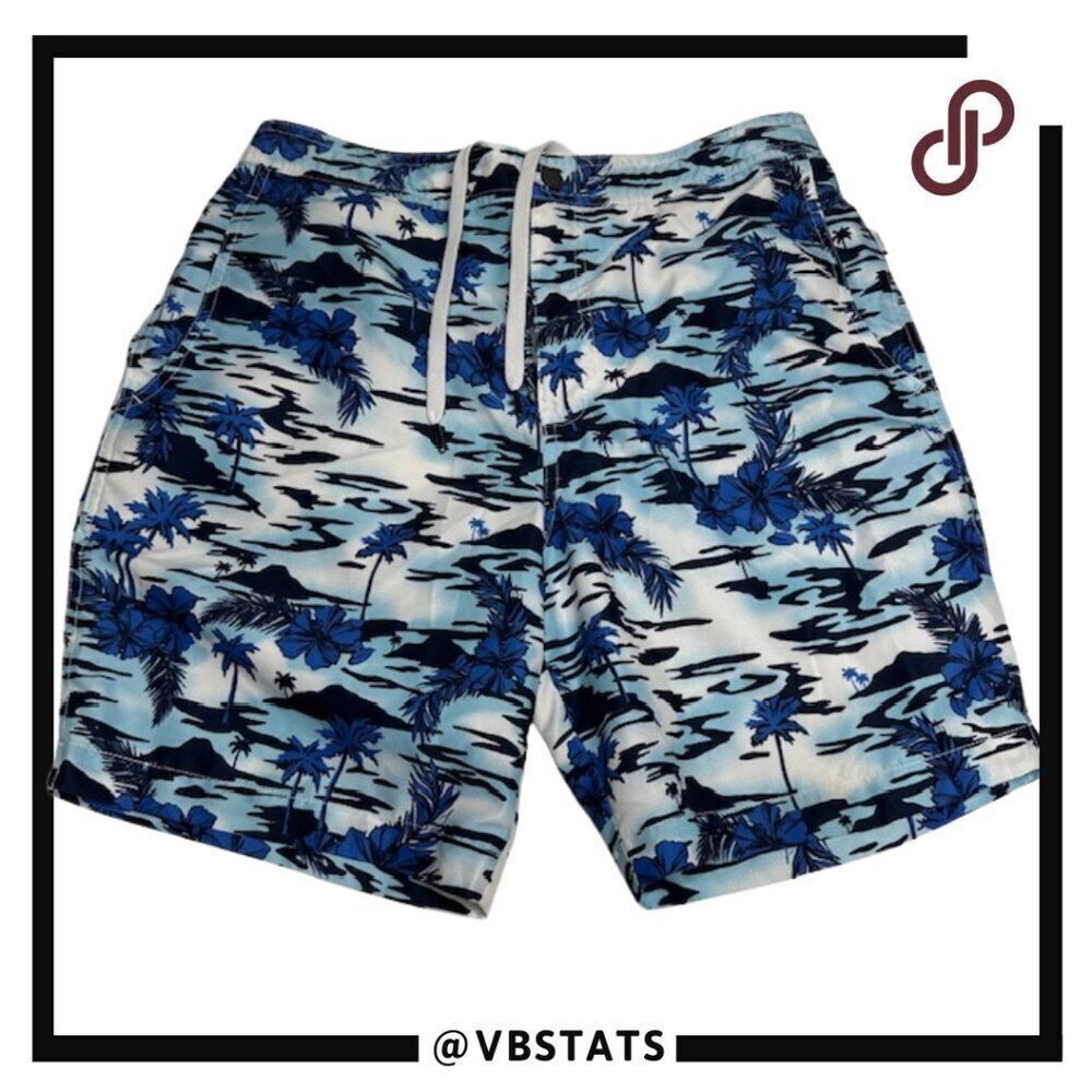 Onia “The Charles” Medium Swim Trunks Great Blue Palm & Hibiscus‎ Design